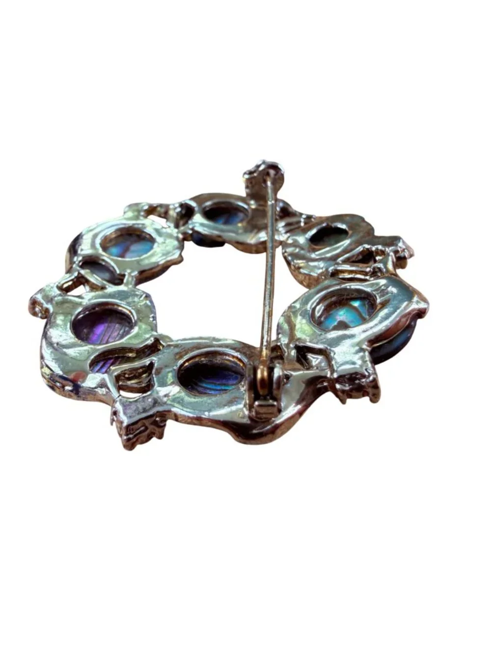 Vintage Abalone Shell Circle Brooch Silver Tone Wreath Pin Paua Statement Jewelr